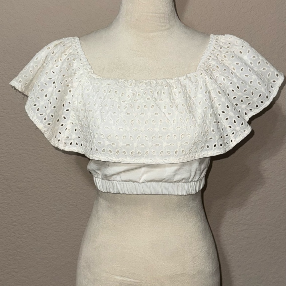 Zara White Eyelet Ruffle Crop Top